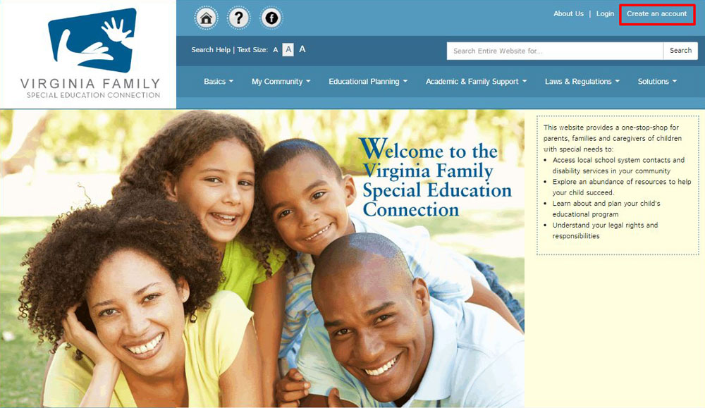 Screenshot of VA Family Home Page